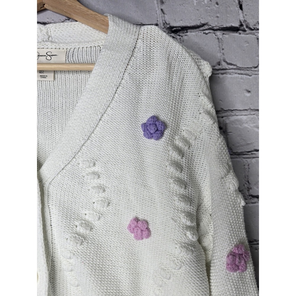Jessica Simpson 3D Embroidered Flower Knit Cardigan White Purple Size Large - Picture 3 of 9